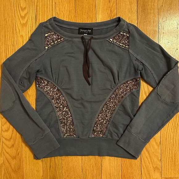 Patrizia Pepe Firenze Sweatshirt Top Wide Neck Sequin Rhinestone Blue 6 blouse - Picture 1 of 8